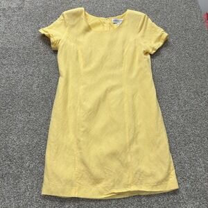 Adolfo Studio Dress Womens 14 Yellow Linen Blend Short Sleeve Sheath Knee Length